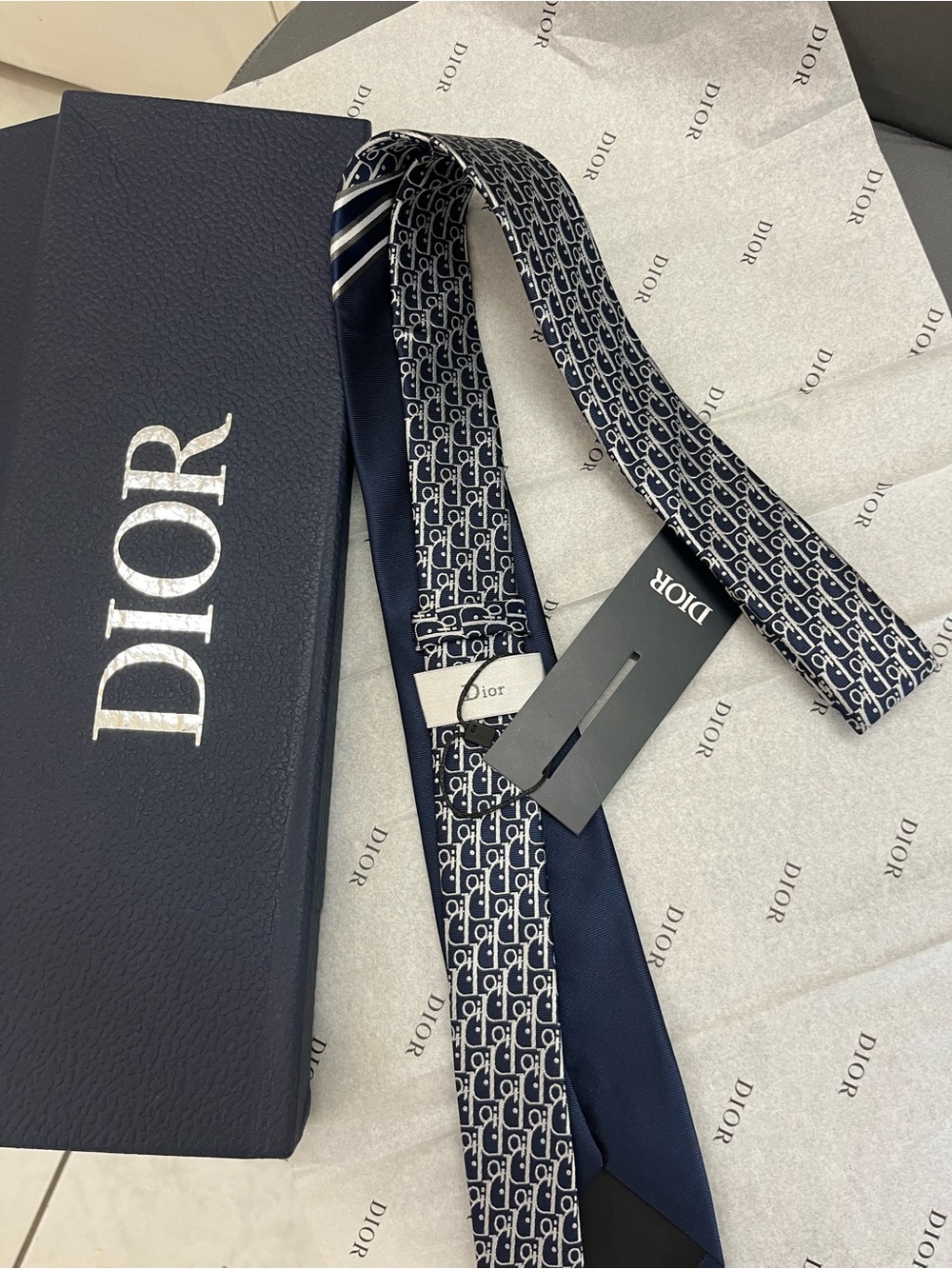 Dior Navy Silk Tie with Signature Dior Pattern - Picture 4 of 4